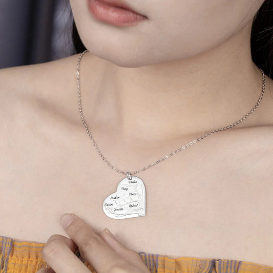 Personalized Heart Family Tree Necklace with Engraved Kid Name Mother's Day Birthday Gift for Grandma Mom