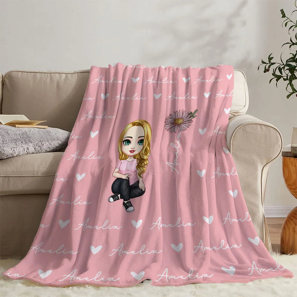 Personalized Cute Cartoon Heart Birth Flower Throw Blanket with Name – Soft Birthday and Christmas Gift