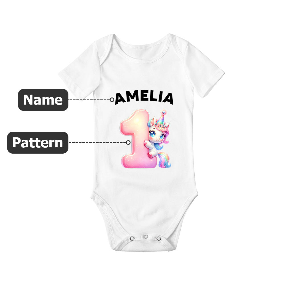 Personalised Unicorn Construction Vehicle Number Pattern 100% Cotton Baby Bodysuit T-Shirt with Name Baby Shower Gift for Baby Boy Girl