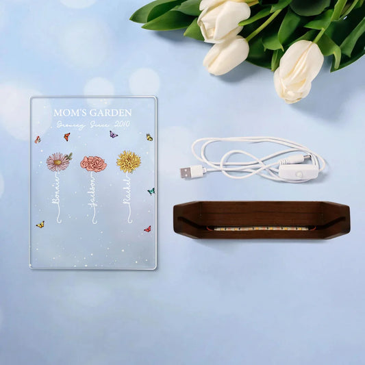 Custom 1–12 Birth Flower LED Acrylic Night Light with Wooden Base Mother's Day or Birthday Home Decor Gift for Mom or Grandma
