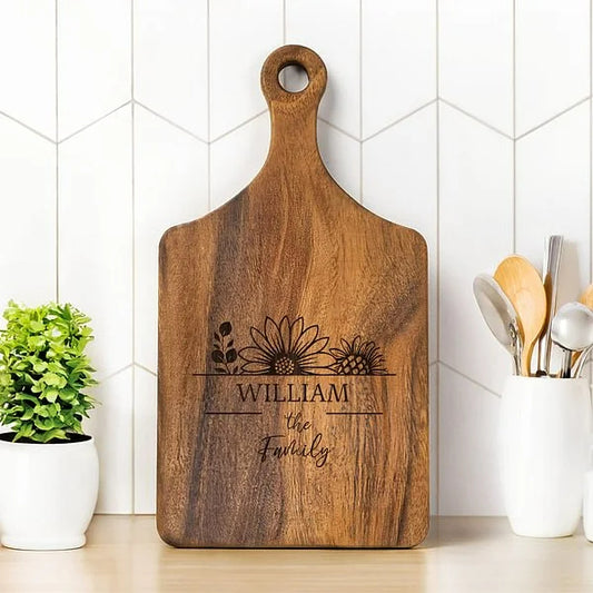 Personalized Engraved Floral Kitchen Wooden Charcuterie Cutting Board with Handle and Name Wedding Housewarming Gift for Family