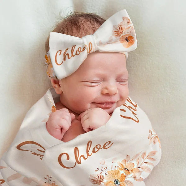 Personalised Peach Floral Name Swaddle Blanket Set with Hat and Headband Soft Gift for Newborn Baby Girl boy Baby Shower or Coming Home