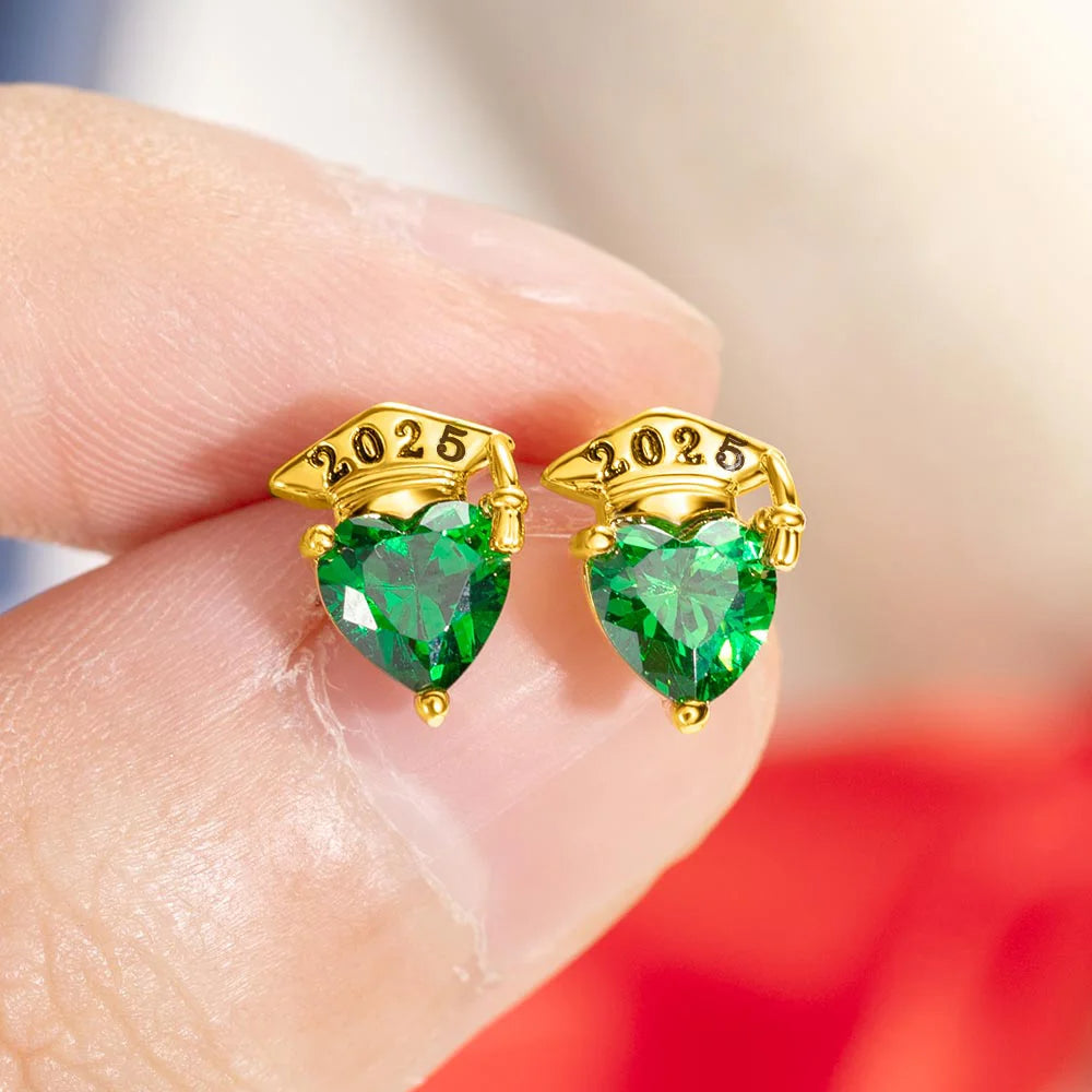Personalized Graduation Cap Heart Birthstone Stud Earrings with Engraved Year and Earrings Display Card Graduation Birthday Gift for Women