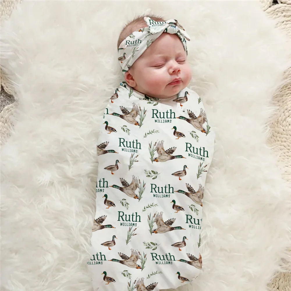 Personalised Mallard Duck Baby Soft Swaddle, Hat & Bow Headband Set with Name – Newborn Coming Home or Baby Shower Gift