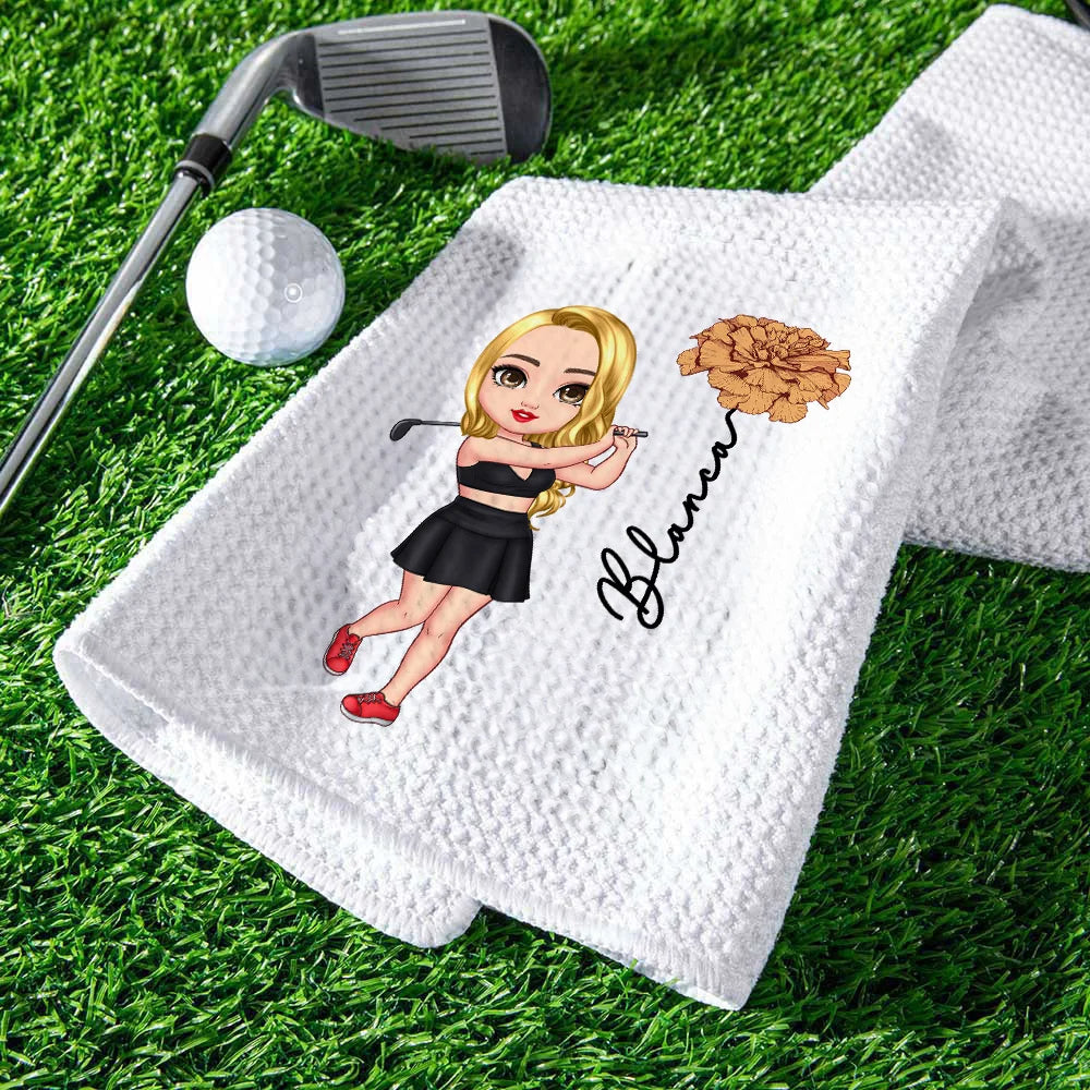 Custom Name Golf Towel – Birth Flower & Cartoon Design, Super Absorbent Waffle Fabric with Clip, Gift for Golfers