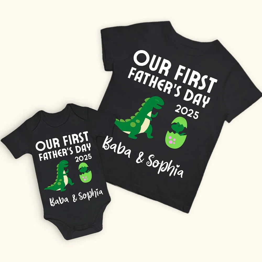 Personalised Cute Green Dinosaur Matching Shirt Set Father and Baby Outfit for New Dad on Our First Father’s Day