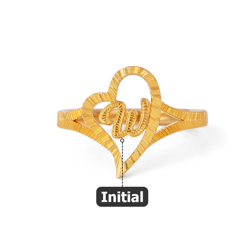 Personalized Gold Vintage Diamond Cut Slanted Heart Letter Ring with Initial Dainty Jewelry Birthday Anniversary Gift for Women