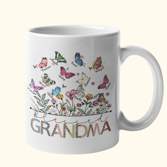 Personalised Birth Butterfly Garden 11oz Ceramic Mug with Names Perfect Mother’s Day or Birthday Gift for Grandma and Mom