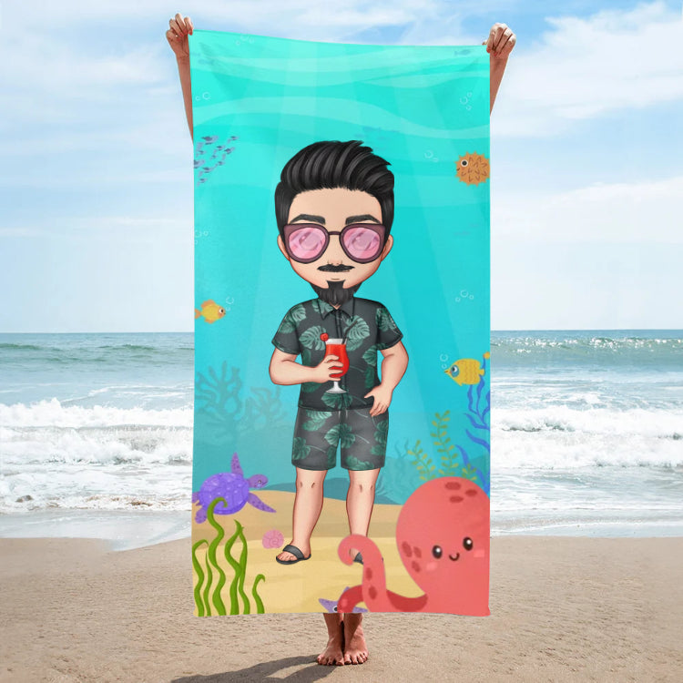 Personalized Cartoon Kid Character Marine Theme Oversized Quick Dry Beach Towel with Name Birthday Summer Vacation Accessories Gift for Boys Girls