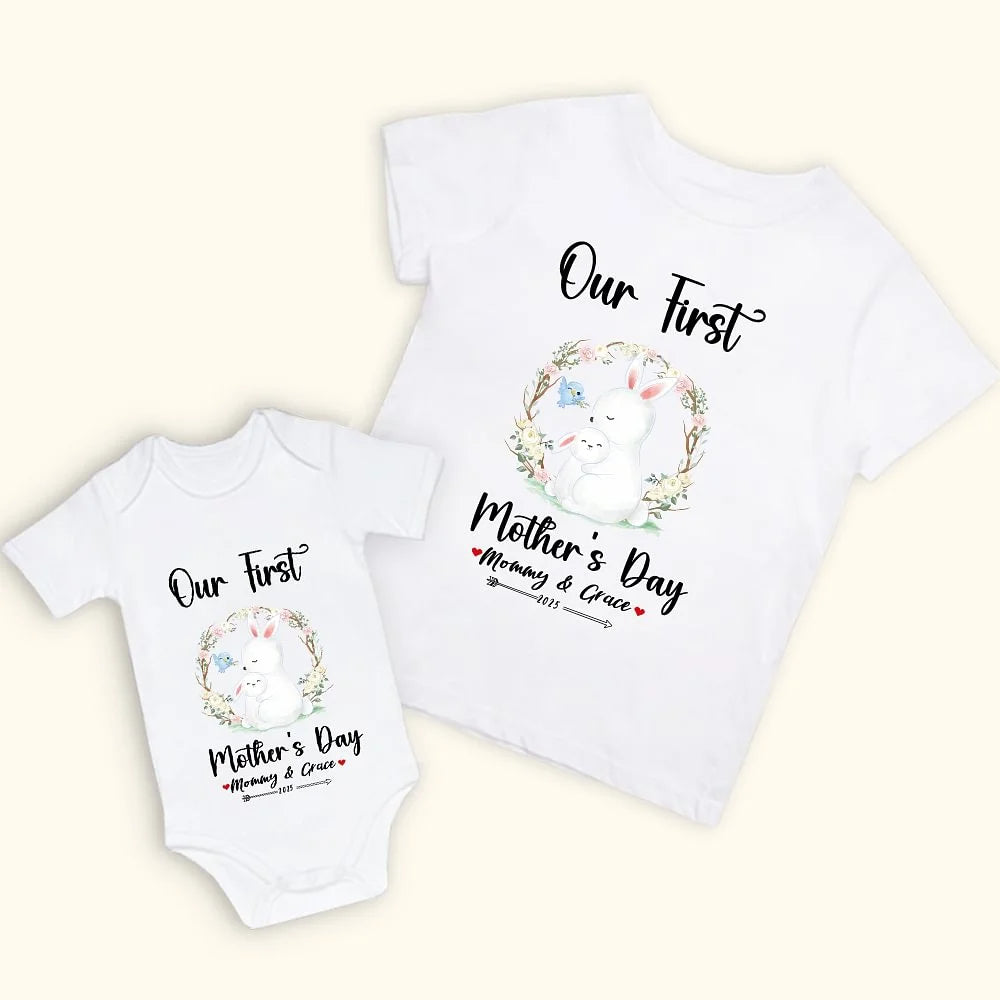 Personalised Bunny Rabbit Mommy T-shirt and Baby Onesie with Names Cotton Our First Mother’s Day Gift for New Mom and Baby