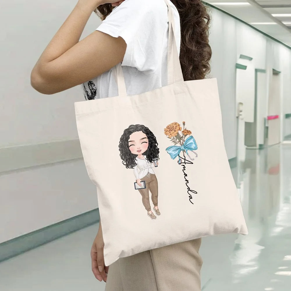 Personalised Canvas Tote Bag with Birth Flower Bow Stethoscope Cartoon Character and Name Birthday Appreciation Gift for Nurse Doctor Medical Staff