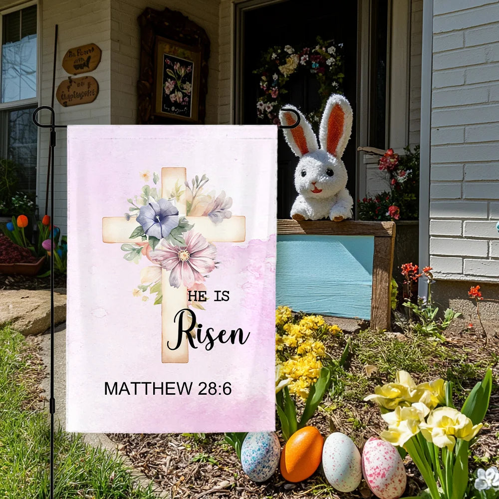 Personalized 'He is Risen' Watercolor Cross with 1-5 Birth Flowers Garden Flag – Easter Religious Porch Decor & Christian Family Gift