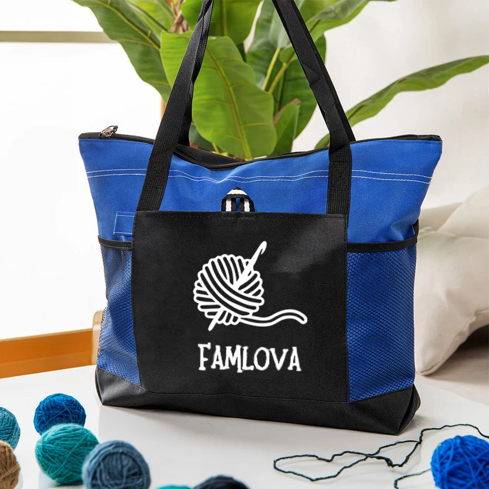 Personalised Large Mesh Tote Bag with Knitted Design and Name Birthday Gift for Crochet and Sewing Enthusiasts