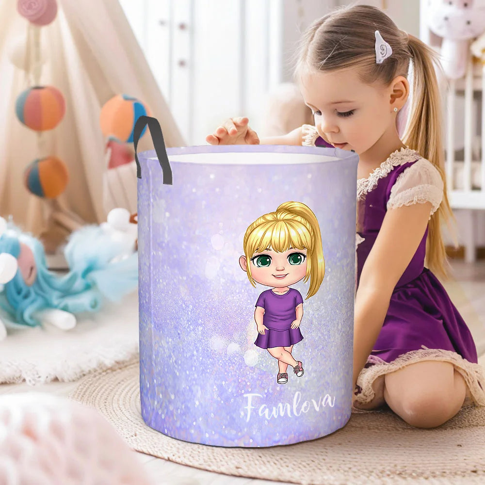 Personalised Faux Glitter Cartoon Character Collapsible Laundry Storage Basket with Handle Large Name  Housewarming Birthday Gift for Boys Girls