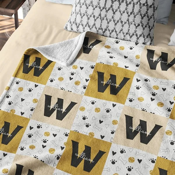 Personalised Soft Pet Blanket with Name Paw Print Heart Bone Ball Multicolor Initial Plaid Design Birthday Gift for Dog Cat Owners
