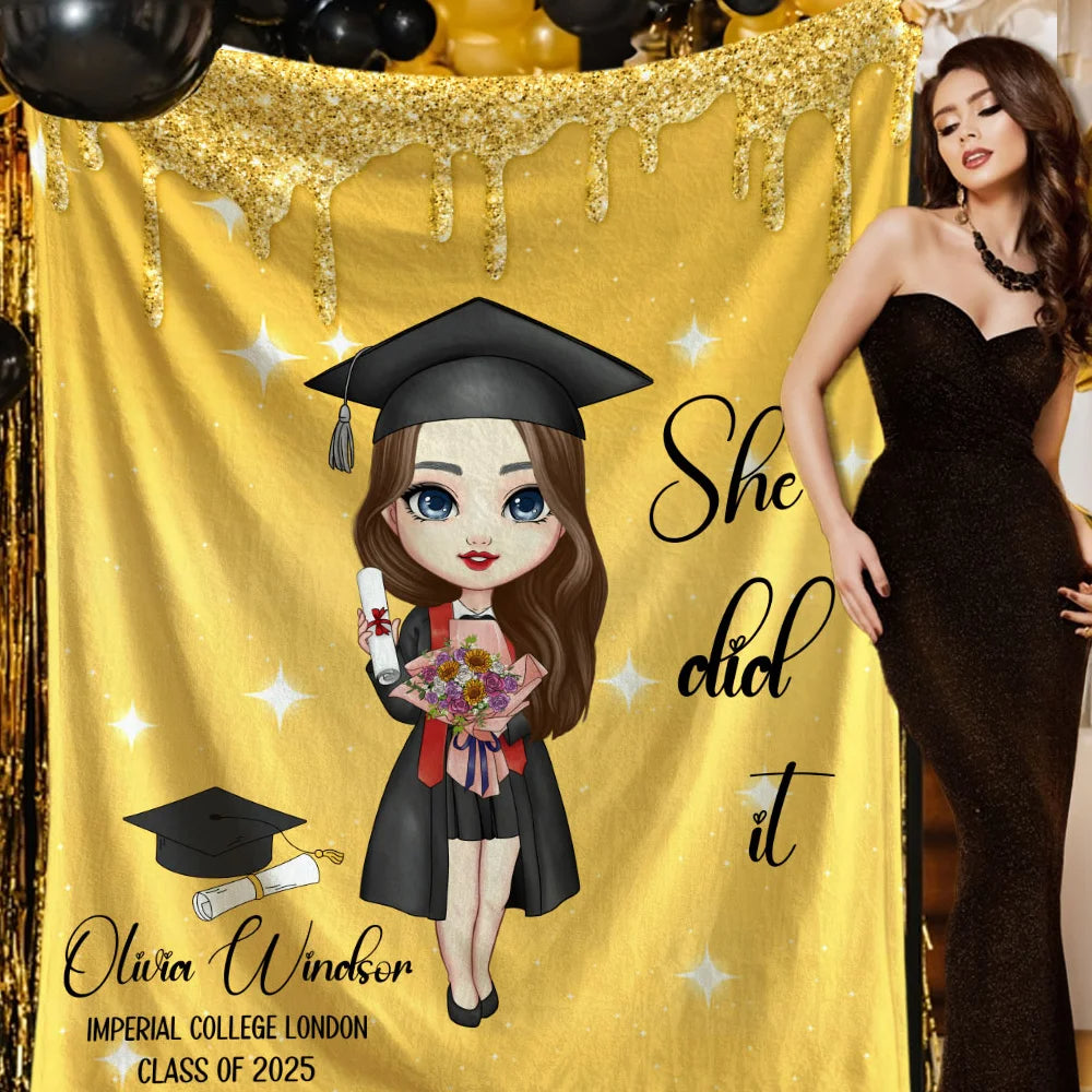 Personalised Class of 2025 Graduation Cartoon Blanket with Name Multicolor Grad Hat & Scroll Design, Ideal Gift for Graduates