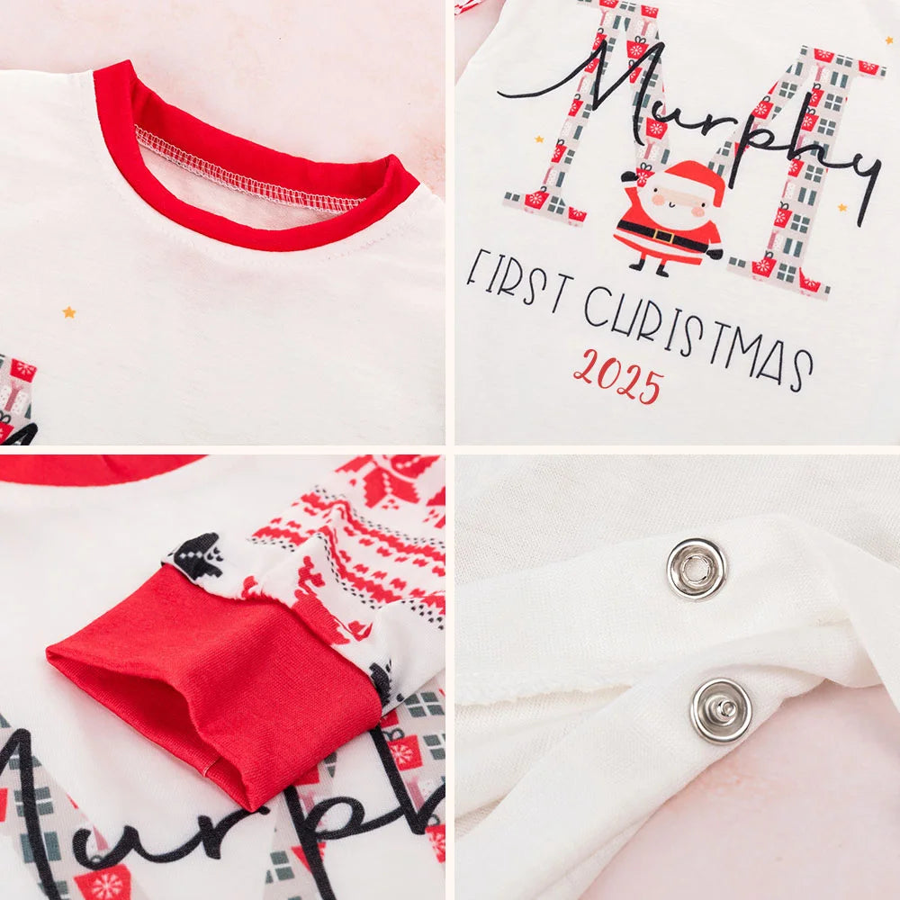 Personalised Baby Pajama with Cute Santa Design Name and Initial First Christmas Long Sleeve Outfit Gift for Boys Girls