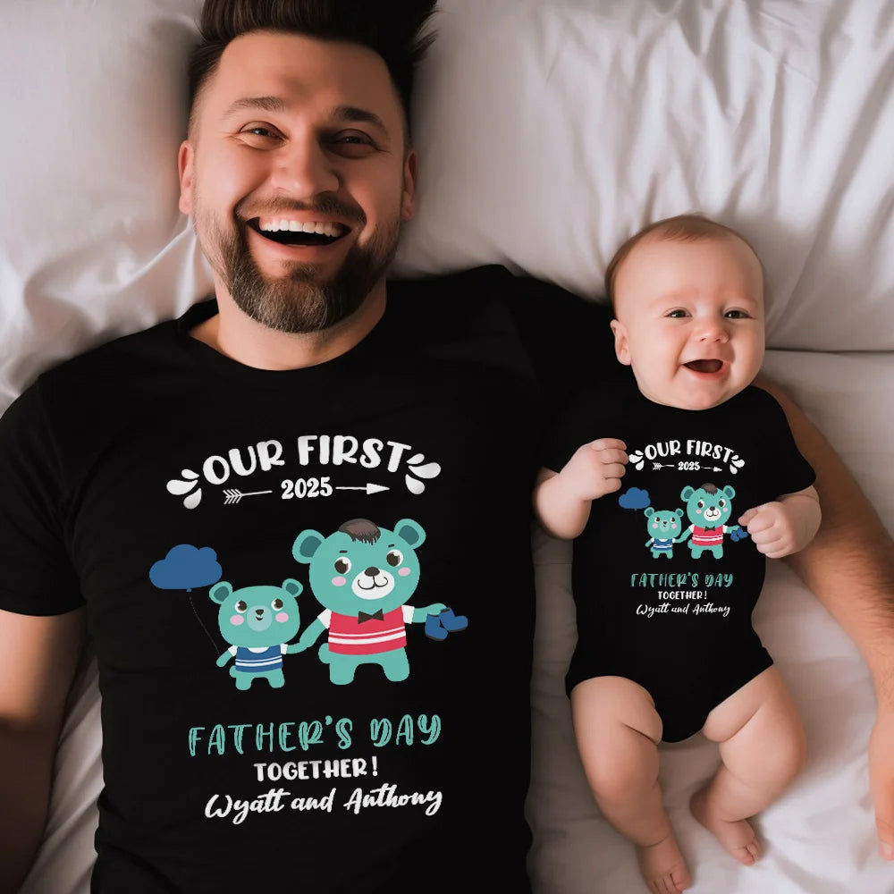 Personalised Baby Bottle Bear Matching Set Our First Father’s Day Cotton T-shirt Onesie with Name gift for Dad and Baby