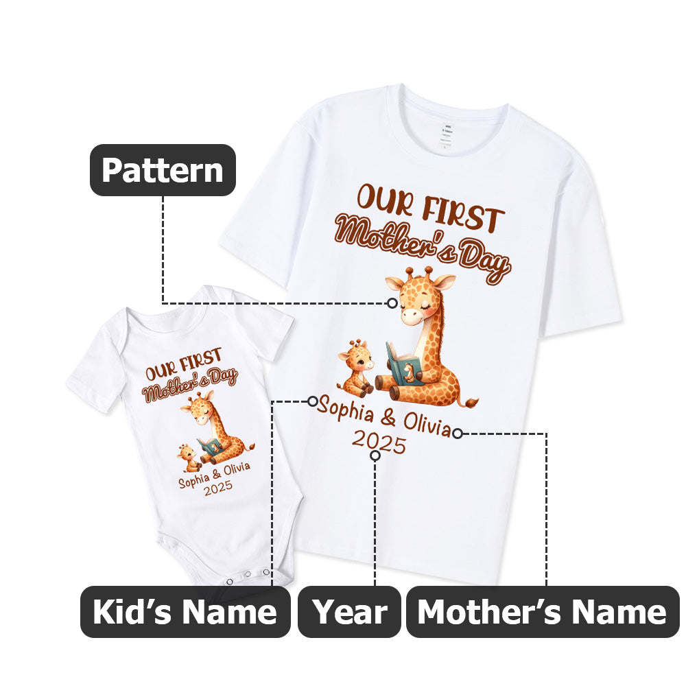 Personalised Cute Animal Our First Mother's Day Cotton Baby Bodysuit Mum Tee with Name and Year Baby Shower Gift for Mum and Baby