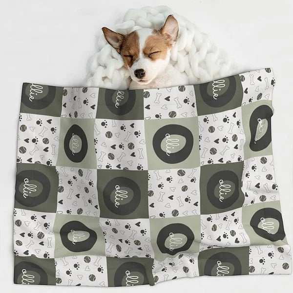 Personalised Soft Pet Blanket with Name Paw Print Heart Bone Ball Multicolor Initial Plaid Design Birthday Gift for Dog Cat Owners