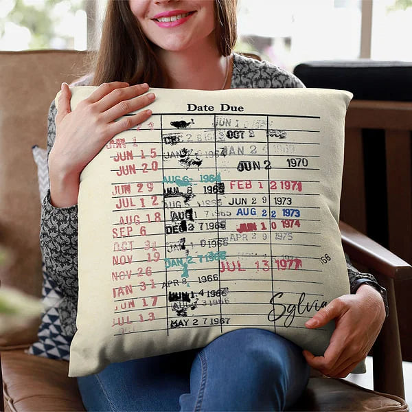 Personalised Throw Pillow Cover with Vintage Library Due Date Card Design Perfect Gift for Readers and Book Enthusiasts