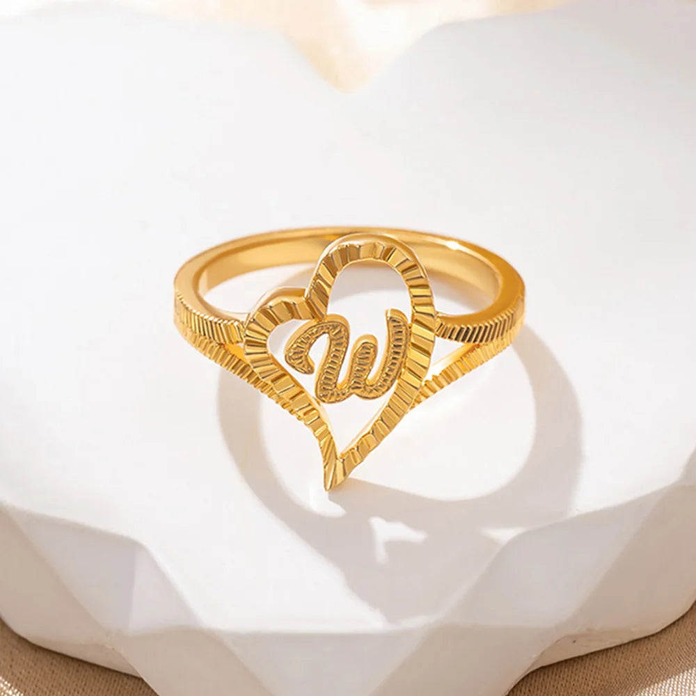 Personalized Gold Vintage Diamond Cut Slanted Heart Letter Ring with Initial Dainty Jewelry Birthday Anniversary Gift for Women