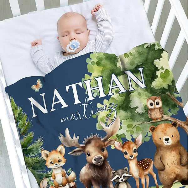 Personalised Soft Blanket with Name Forest Animal Theme Featuring Fox  Rabbit Ideal for Nursery, Baby Shower or Birthday Gift