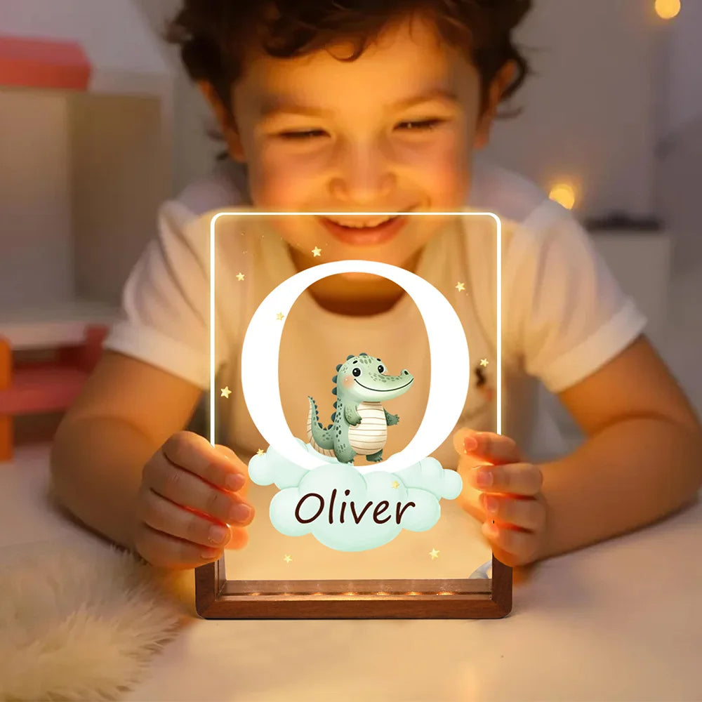 Personalised Cute Forest Animal Acrylic LED Night Light with Cloud, Star, Name and Initial – Wooden Base Birthday or Children's Day Gift for Boys Girls
