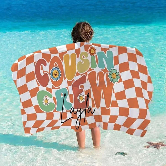Personalized Cousin Crew Plaid Design Oversized Quick Dry Beach Towel with Name Birthday Summer Vacation Accessory Gift for Kids