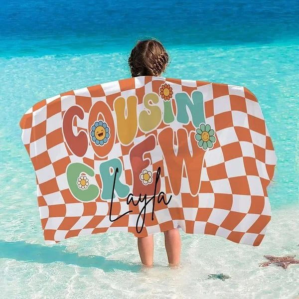 Personalized Cousin Crew Plaid Design Oversized Quick Dry Beach Towel with Name Birthday Summer Vacation Accessory Gift for Kids