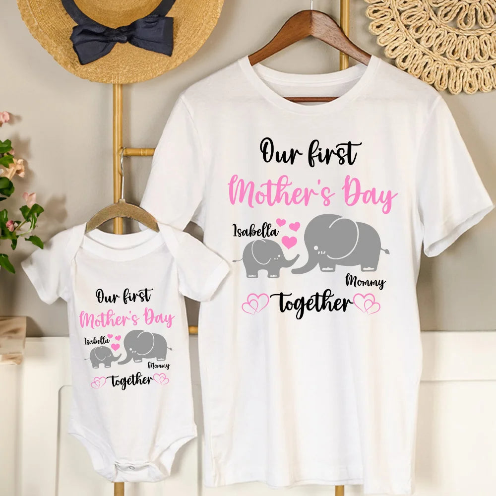 Personalised Together Elephant Design First Mother's Day 100% Cotton Baby Onesie with Names  Gift for Newborn