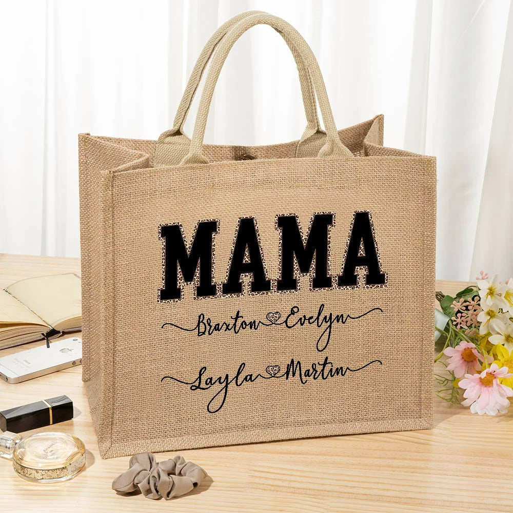 Personalized Large Jute Tote Bag with Leopard Print Love Heart and 1-12 Names Reusable Great Mother’s Day or Birthday Gift for Women and Girls