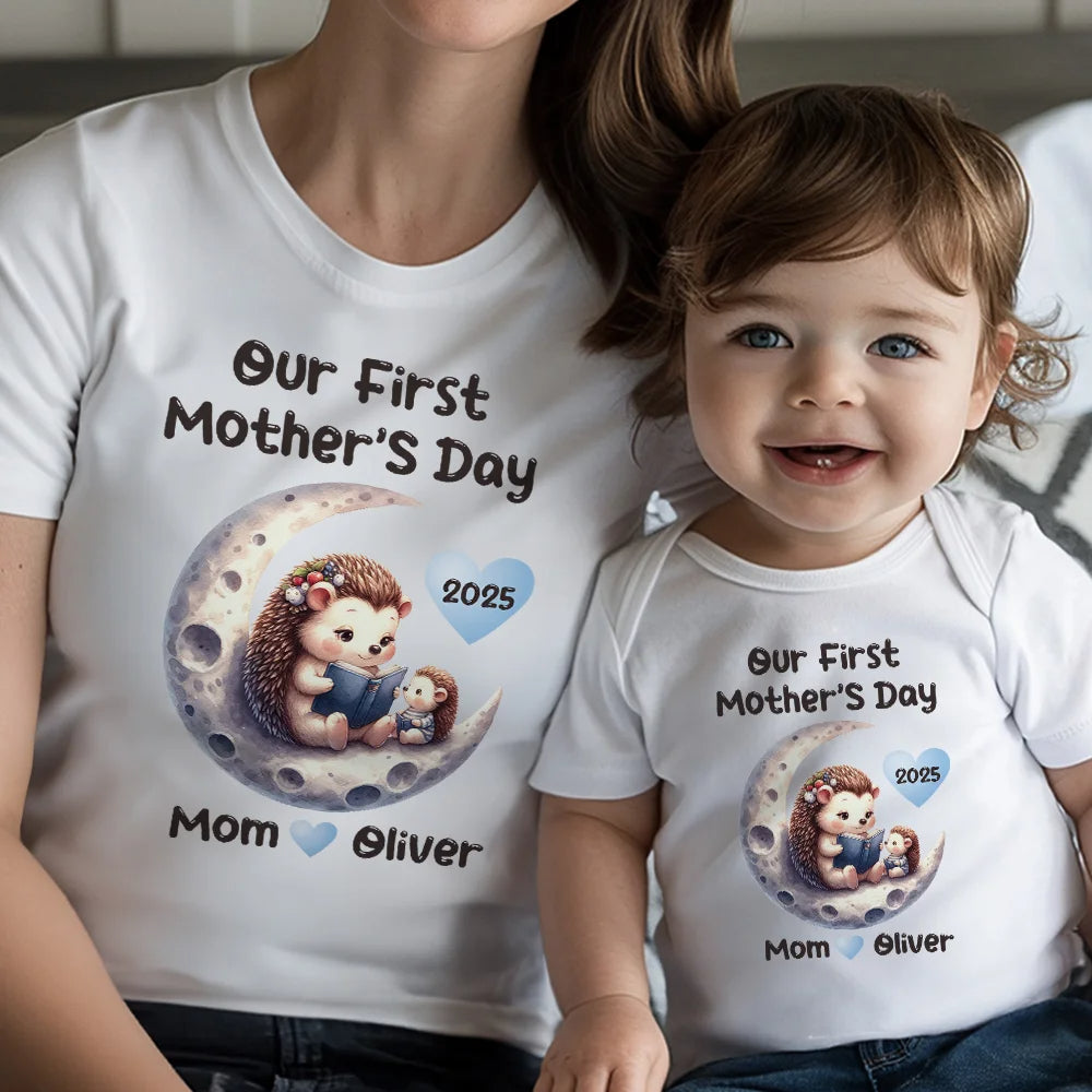 Personalized Mommy & Baby Animal Bodysuit – Moon & Stars Storytime Design – 100% Cotton Matching Set – Custom Name – Newborn Gift for 1st Mother's Day, Baby Shower, New Mom