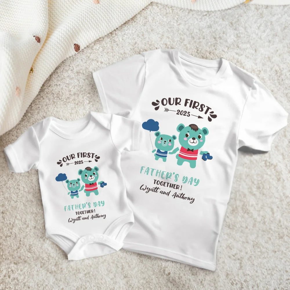 Personalised Baby Bottle Bear Matching Set Our First Father’s Day Cotton T-shirt Onesie with Name gift for Dad and Baby