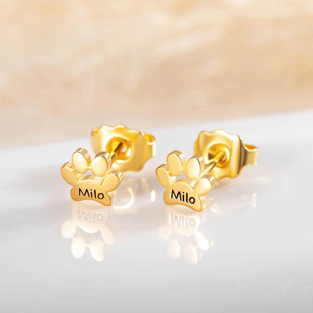 Personalized Cute Paw Print Unisex Stud Earrings with Engraved Name Birthday Memorial Gift for Pet Lovers
