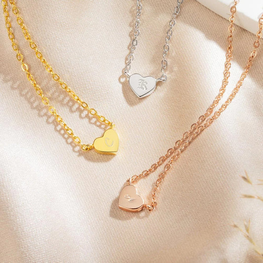 Personalized Solid Minimalist Heart Necklace with Engraved Letter Valentine's Day Gift for Her