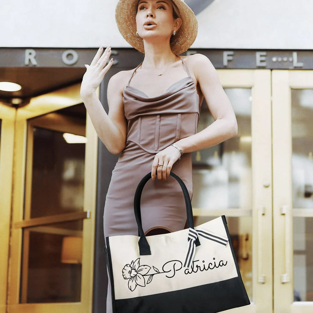 Personalized Birth Flower Canvas Tote Bag with Name Large Stylish and Practical Daily Travel or Work Essentials Gift for Women
