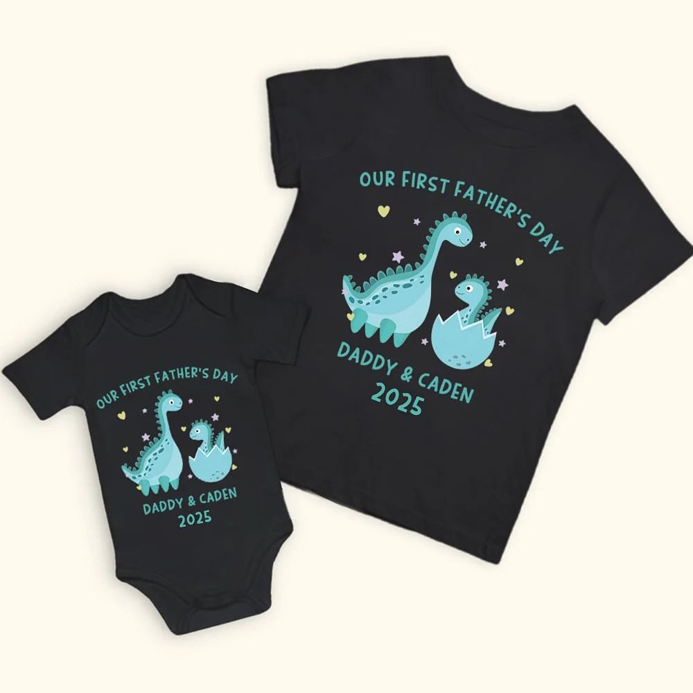 Personalised Our First Father’s Day Gift Little Dinosaur Dad and Baby Matching Shirt Set for Father and Daughter or Son