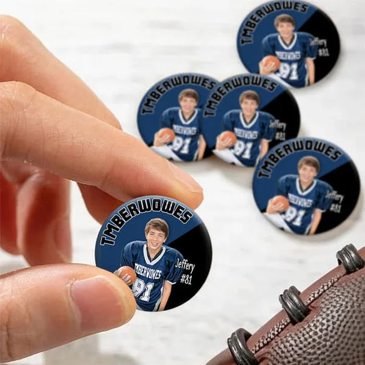 Personalised Two-tone Sport Team Photo Pin Badges Set of 5 with Name and Number Perfect Olympic Games Team Gift for Sports Lovers