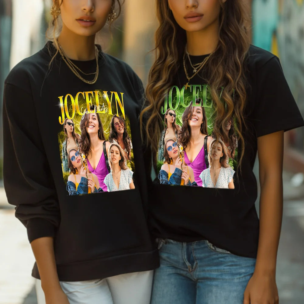 Personalized Rap Music T-Shirt - Custom 5 Photo & Name Design - Vintage Hip Hop Gift for Women