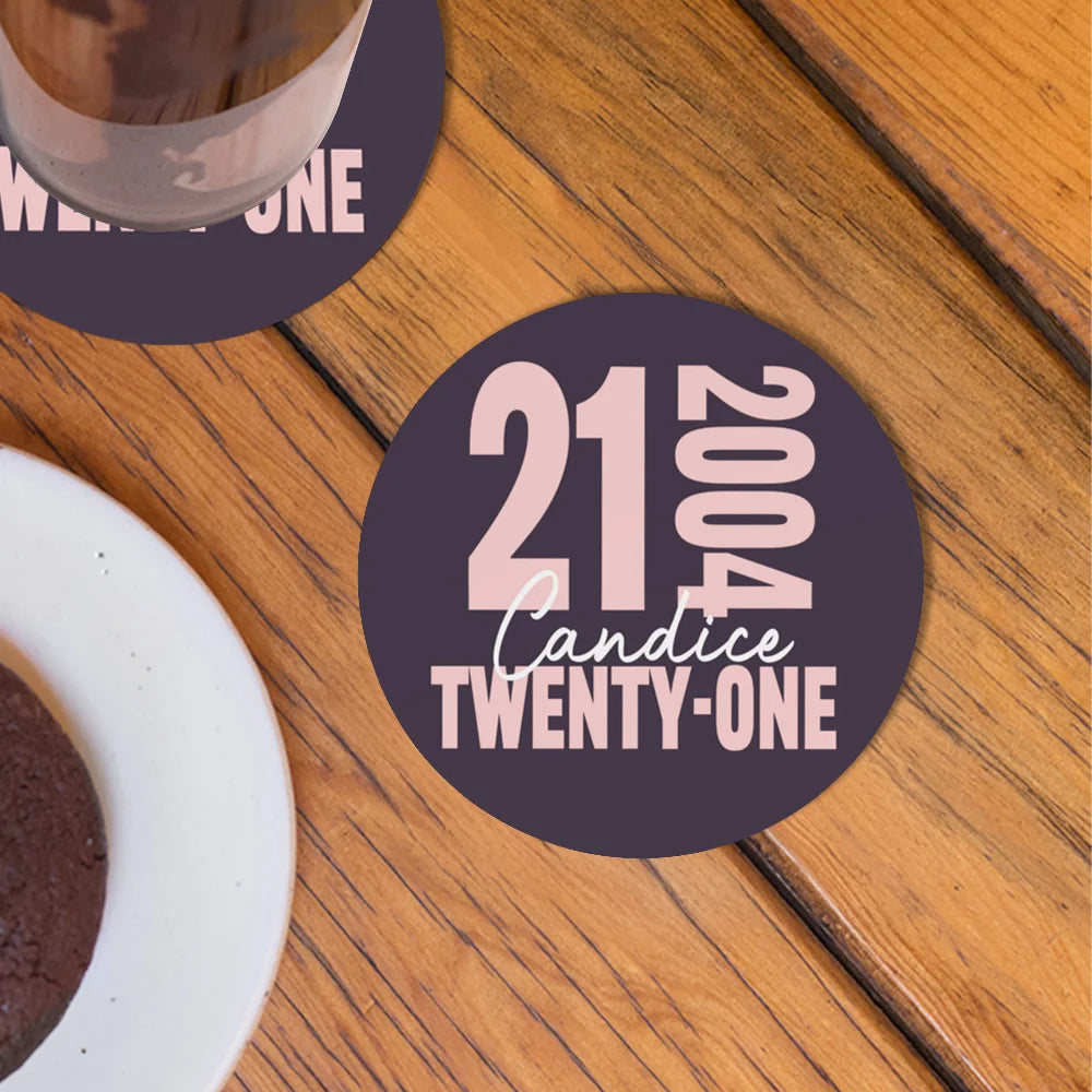 Personalised Set of 4 Non-slip Ceramic Coasters with Name and Age Eternal Birthday Souvenir Gift for Family and Friends