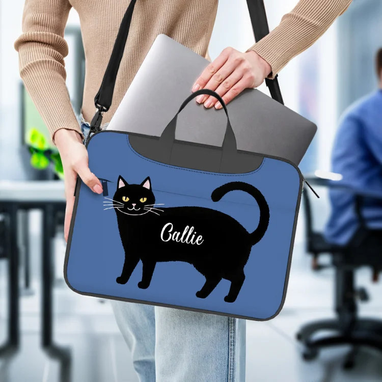 Personalized Cute Black Cat Waterproof Laptop Bag - Adjustable Strap & Custom Name Gift for Students/Office Workers