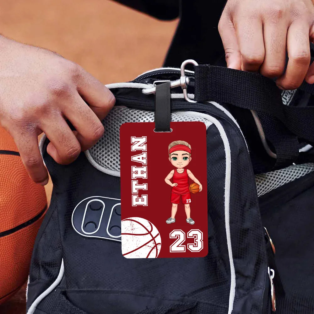 Custom Sports Luggage Tag – Personalized Basketball & Football Cartoon Name & Number Tag – Travel Gift for Athletes & Sports Fans