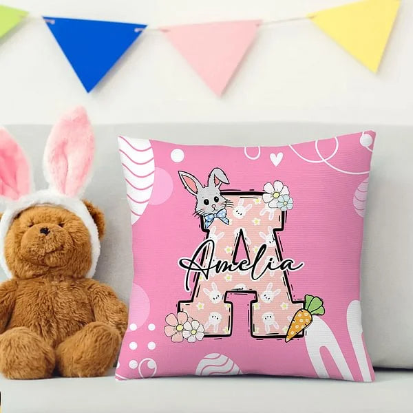 Personalised Cute Easter Bunny Soft Pillow Cover with Initial Name – Perfect Easter Party and Home Decor Gift for Boys and Girls