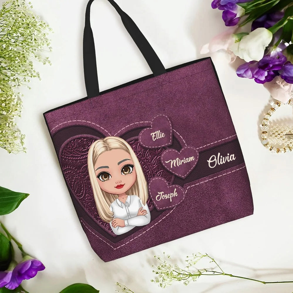 Personalised Retro Heart Style Cartoon Character Tote Bag with 1-8 Names Birthday or Mother's Day Gift for Women