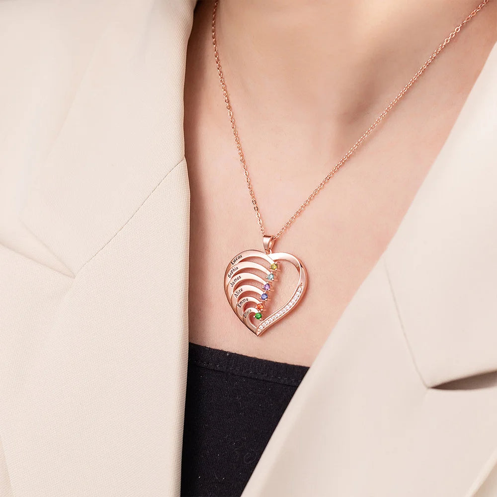 Personalized Family Heart Pendant Necklace with 2-6 Engraved Names and Birthstones Mother's Day Birthday Gift for Mom Grandma
