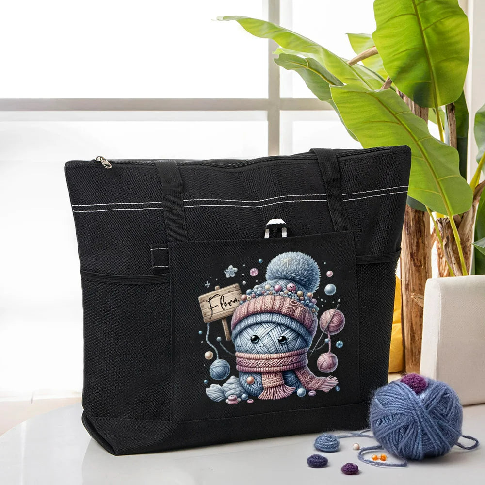Personalised Adorable Crochet Cartoon Pattern Tote Bag with Mesh Pockets Travel Accessories Gift for Knitting Lover on Birthday