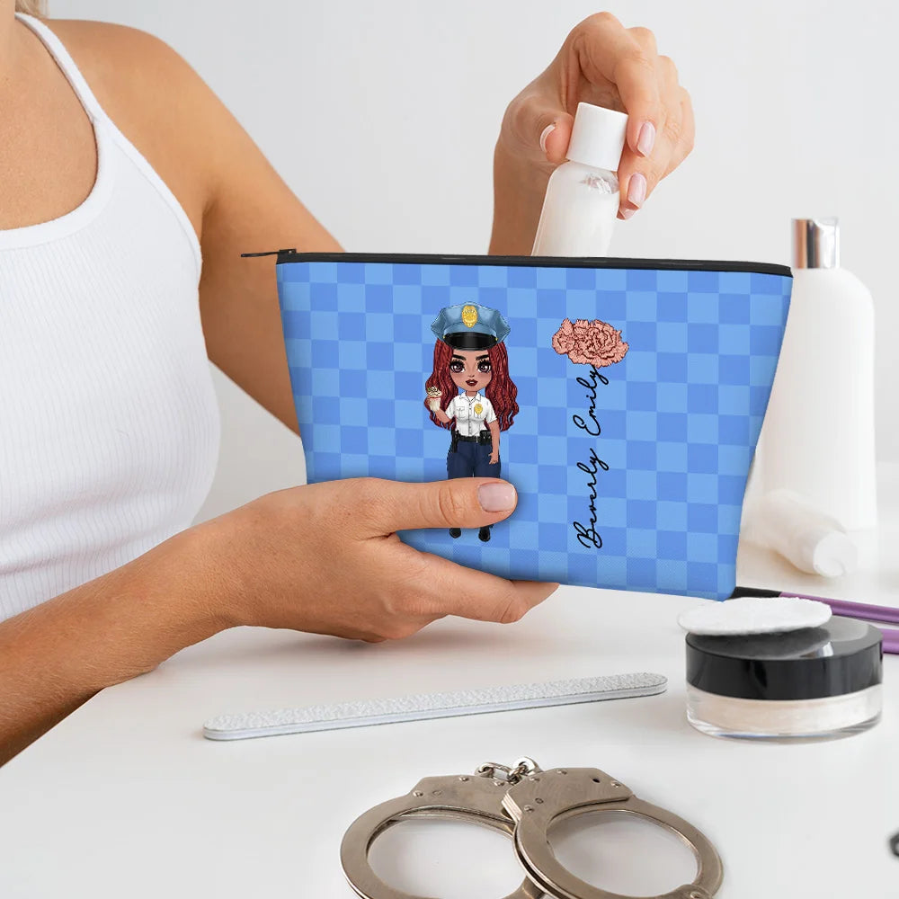 Personalised Police Woman Cartoon Character Makeup Bag with Birth Flower and Name   Graduation or Birthday Gift for Female Police Officer