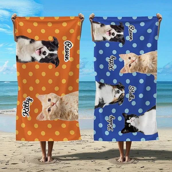 Custom Pet Photo Beach Towel – Personalized Name, Super Absorbent & Quick-Dry, Fun Polka Dot Design – Perfect for Pool, Vacation & Birthday Gift for Pet Lovers