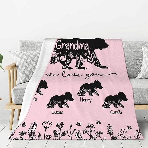 Personalised Mama Bear Floral Fleece Blanket with 1-10 Cubs and Custom Names Perfect Gift for Mum or Grandma on Mother's Day or Birthday